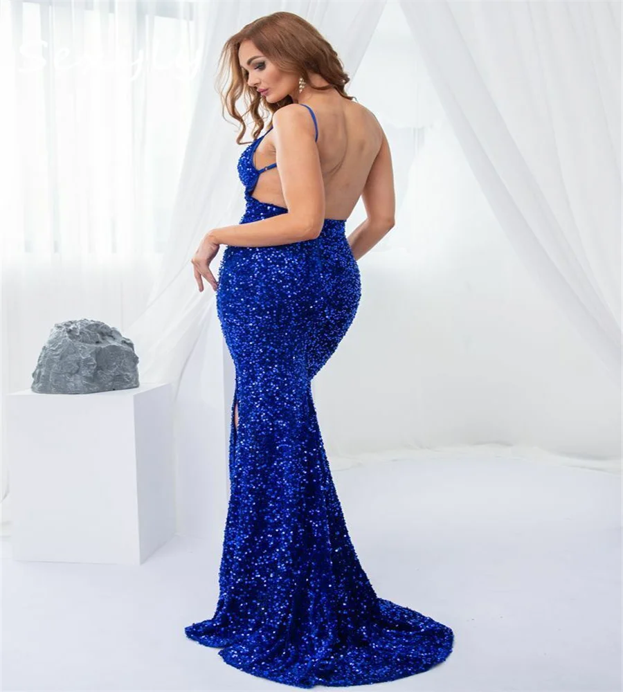 Sparkly Royal Blue Sequin Evening Dress Sexy Backless Plus Size Mermaid Prom Dress With Slit Elegant Birthday Formal Party Gown