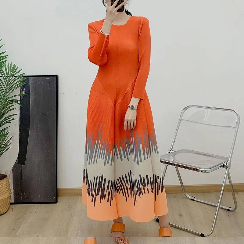 EGRM Miyake Printed Pleated Plus Size Dress Long Sleeves Color Block Fold Fashion Female Evening Dresses 2024 Spring New 7RM6609