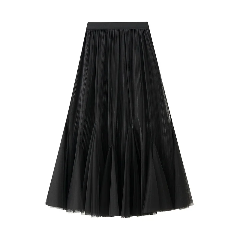 Ancient Falling Gauze A-Line Skirt Double Side Slim Fishtail Women Elastic Waist Autumn Big Swing French Half Body Skirt