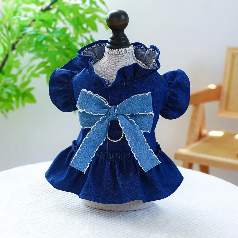 Denim Dress with Large Bowknot for Dogs and Cats, Ruffle Sleeves, Cute Pet Outfit, Sweet Flying Sleeves, Skirt for Dogs