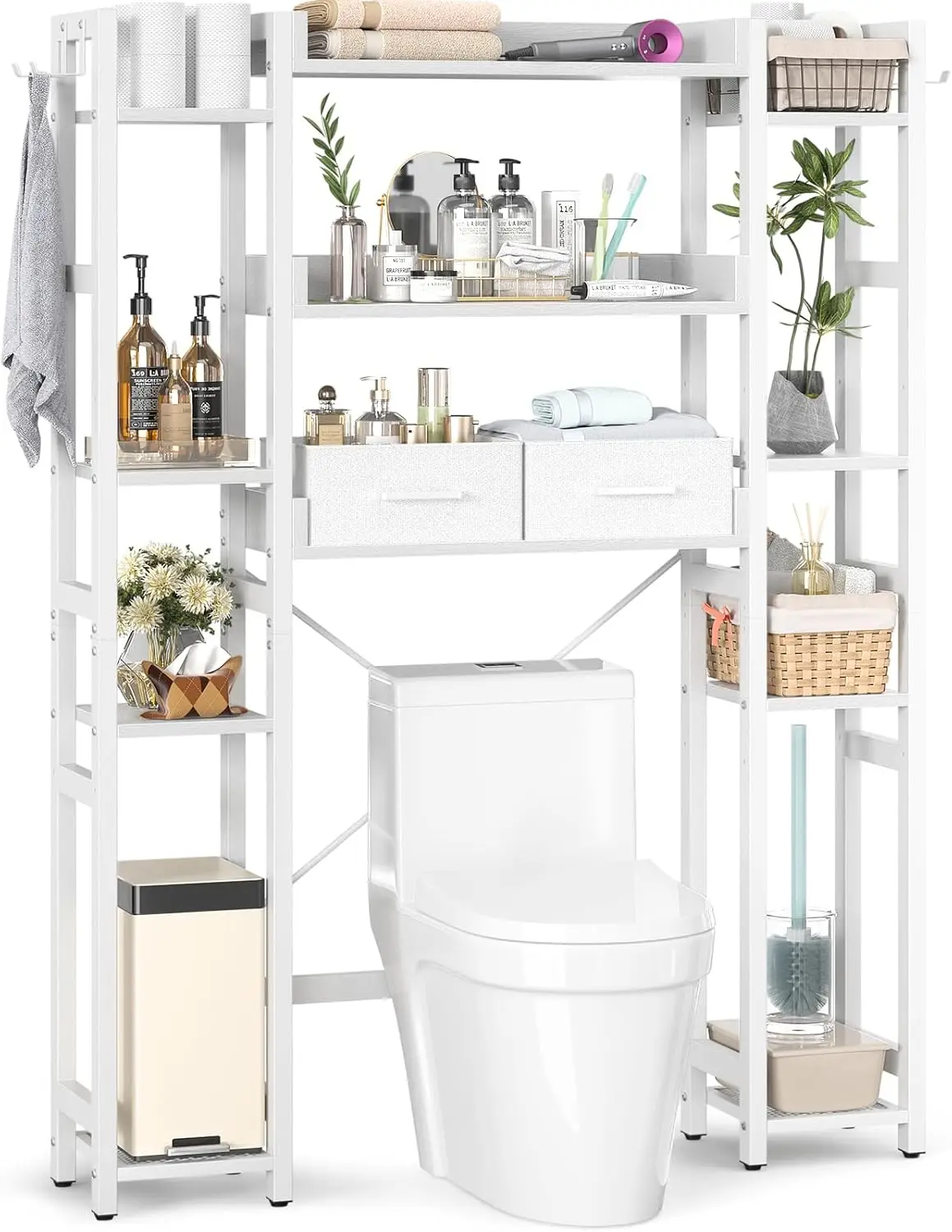 Toilet Storage with 2 Drawers - 11 Tier Bathroom Organizer Freestanding Space Saver Storage Rack with Adjustable Shelf Above Toi