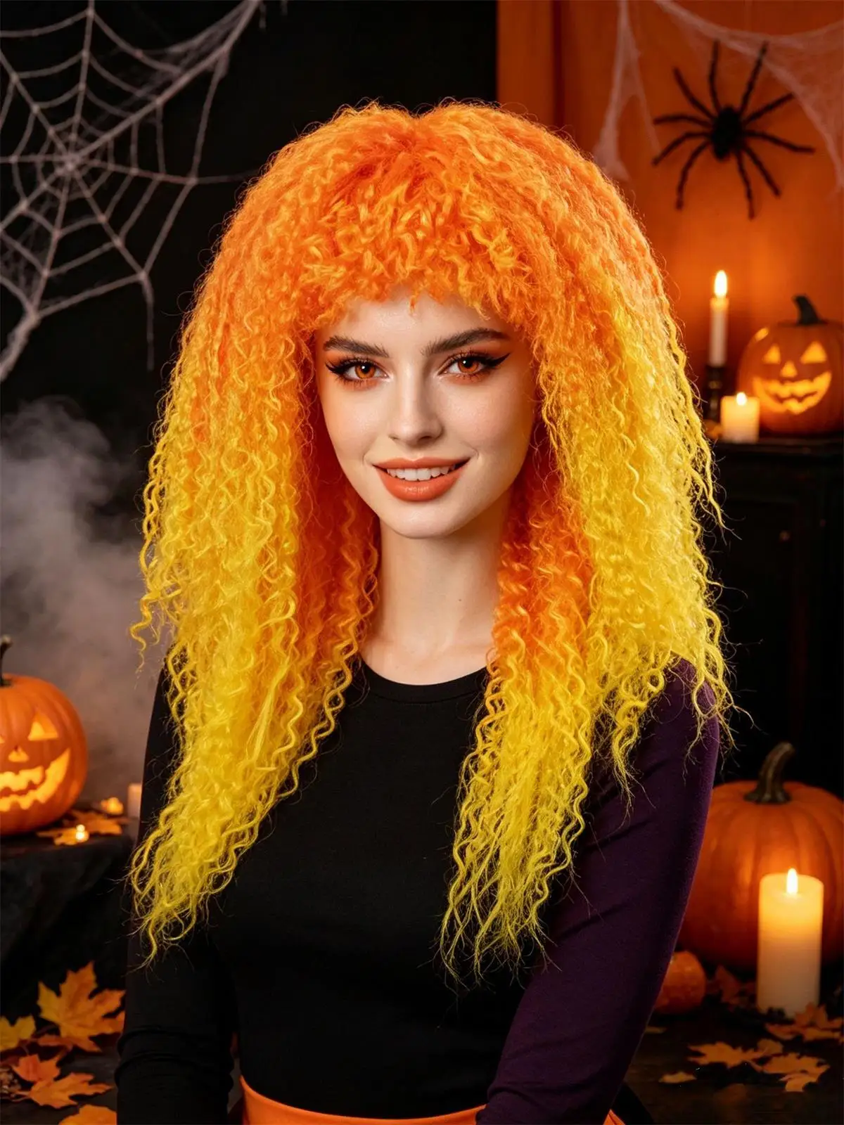 Orange Yellow Ombre Synthetic Long Kinky Curly Fluffy Bangs Wig Cosplay Halloween Party Costume Role Play