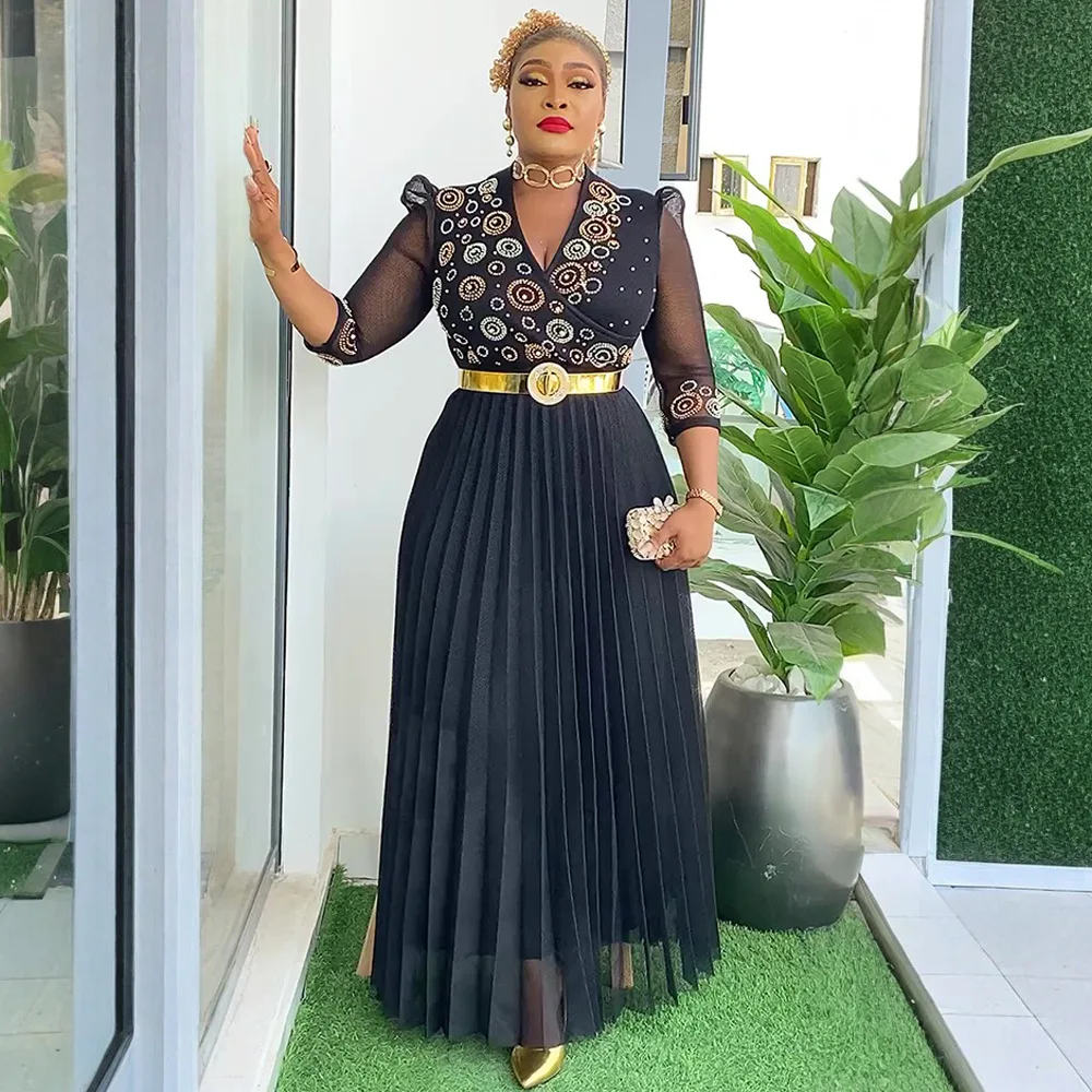 คุณภาพสูงแอฟริกันพรหมชุดหรูหรา PLUS ขนาด Rhinestone ชุดราตรียาว