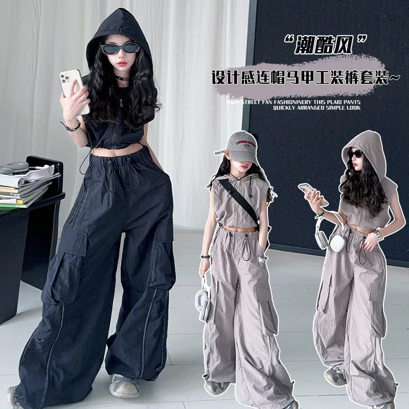 American teen girls sport clothes Set Design Hooded Zipper Sleeveless Top+Cargo pants 2pcs junior kids Casual suit child outfits