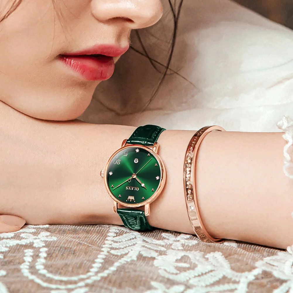 Olevs relógio feminino luruxy fashions original relógio de pulso verde dial pulseira de couro à prova dwaterproof água relógio feminino elegante