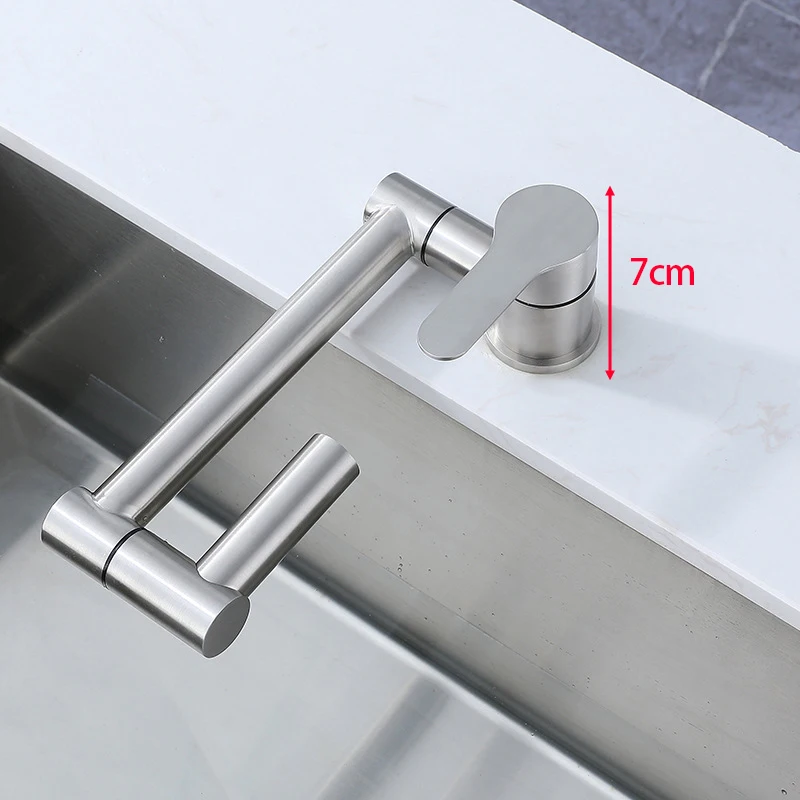 

Смеситель для раковины из нержавеющей стали, складной, с аэратором для экономии воды, поворотный на 720°, с механическим рычагом, для умывальника, с большим углом распыления