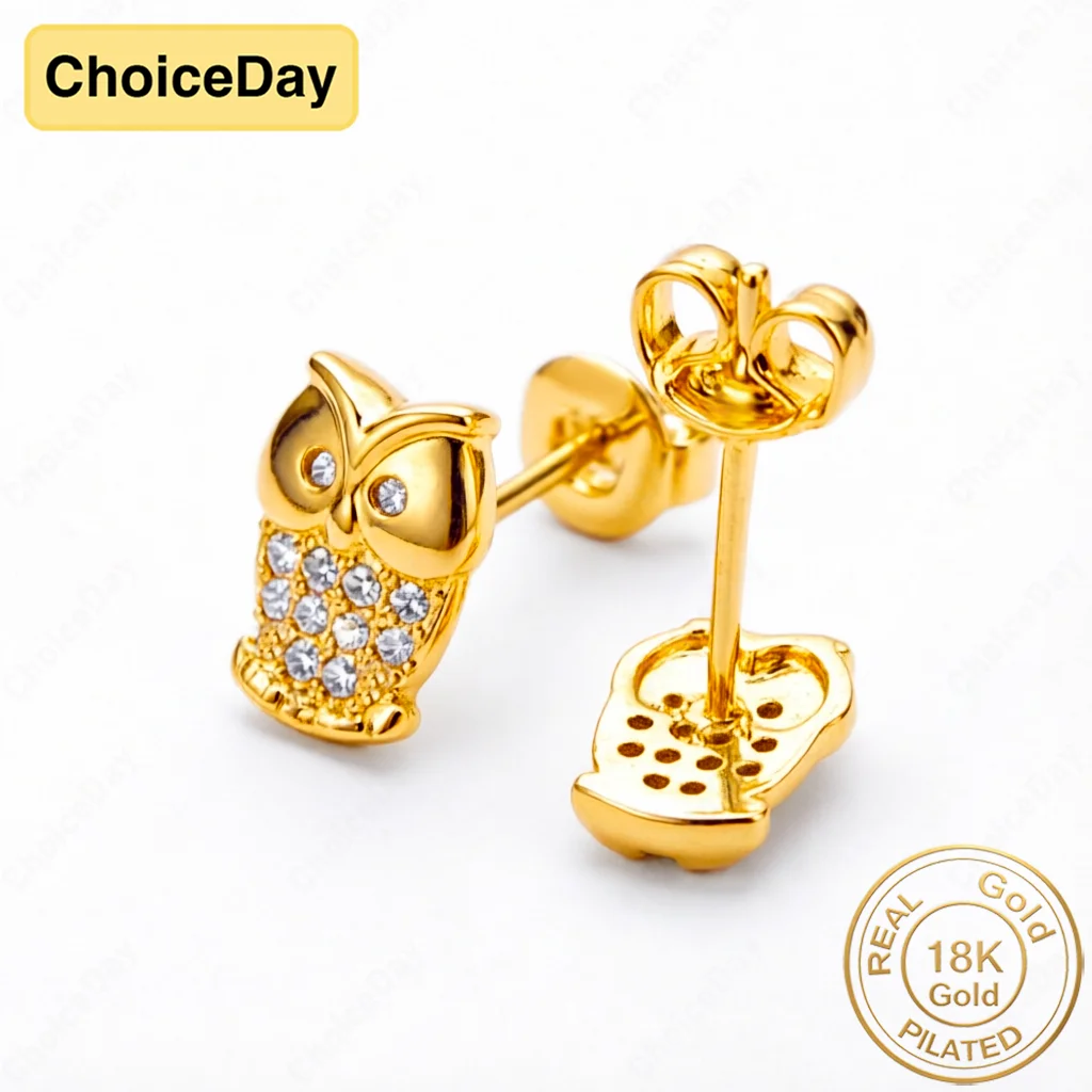 18K Gold-Plated Cute Owl Zircon Stud Earrings – Stylish Women's Wedding Accessories, Party Gifts, and Jewelry