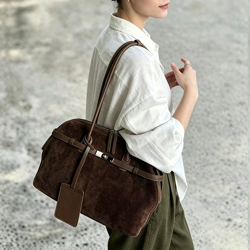 Genuine Leather Women's Underarm Bags Autumn Winter Suede Shoulder Bag Female Large Capacity Natural Cowhide Commuter Handbag