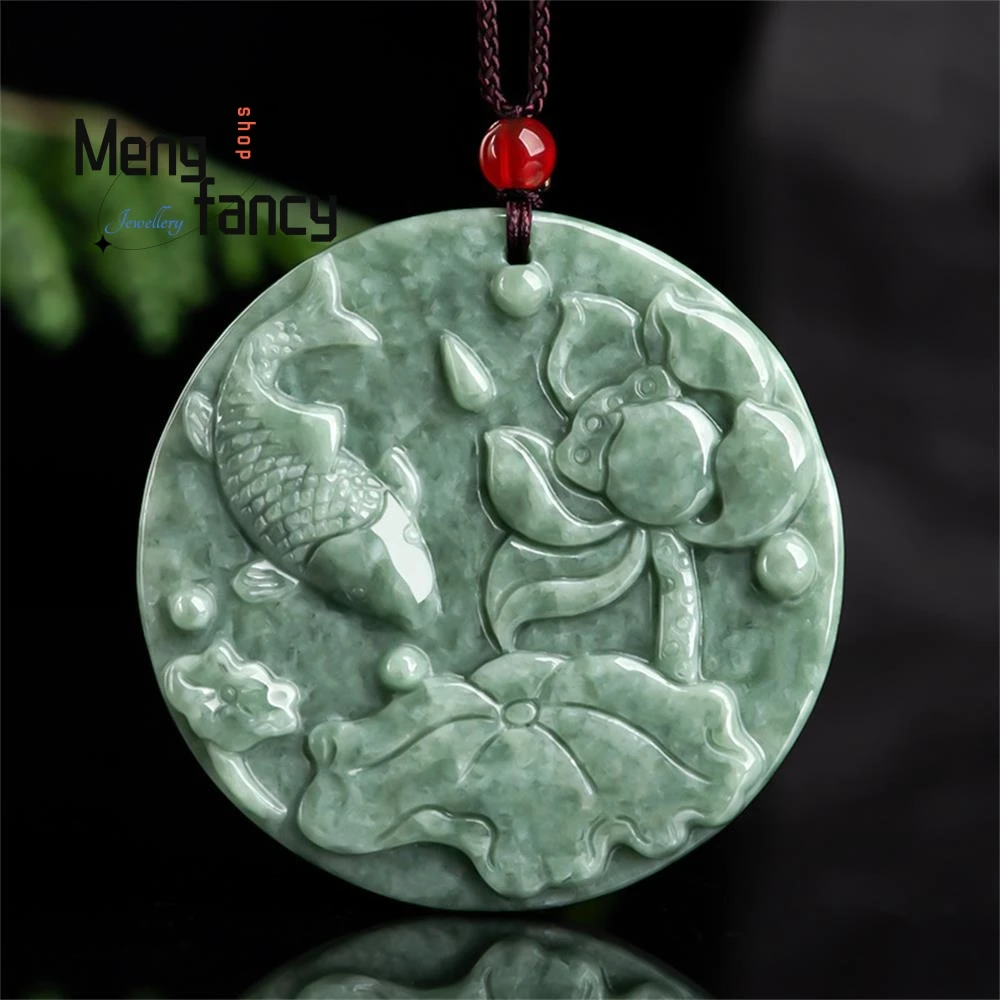 

Natural Jadeite Koi Lotus Pendant Charms Fashion Men Women Engraver Fine Jewelry Luxury Amulets Mascots Souvenir Holiday Gifts