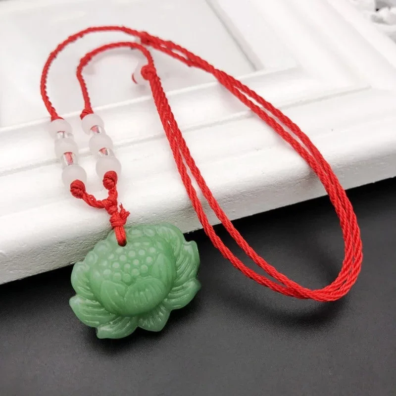Real Jade Lotus Pendant Necklace Natural Jewelry Carved Amulet Accessories Charm Gemstone Designer Vintage Lucky Gifts for Women