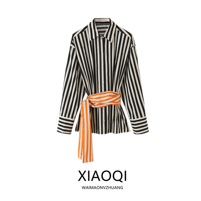 2026 Early Autumn New Women's Long Sleeve Turn-down Collar Patchwork Belted Striped Shirt Commute Style Straight Cut