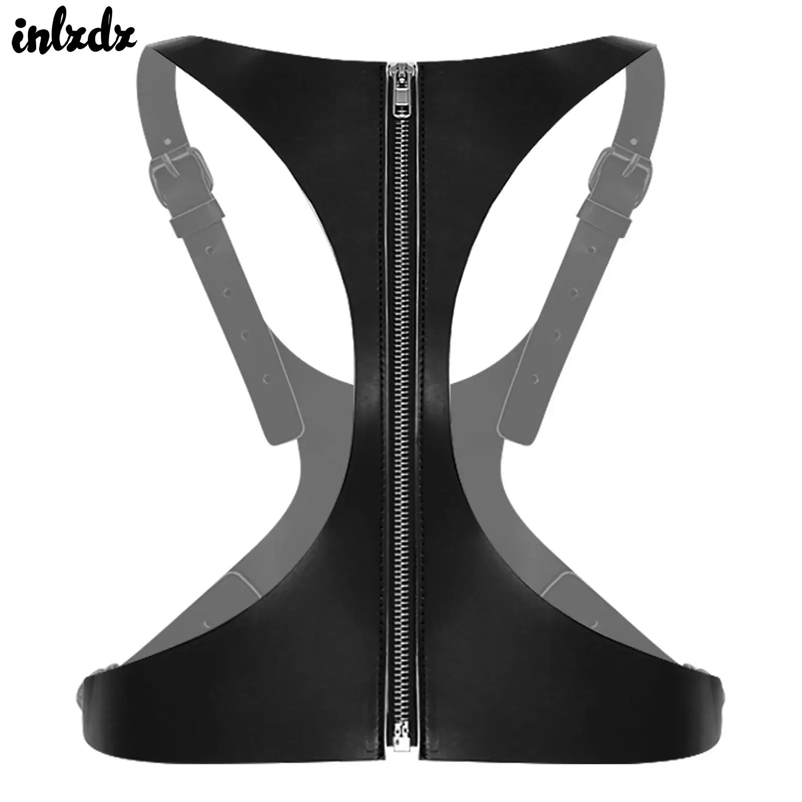 

Women PU Leather Front Zipper Body Chest Harness Tops Adjustable Straps Cupless Cutout Bra Crop Top Rave Party Nightclub Costume