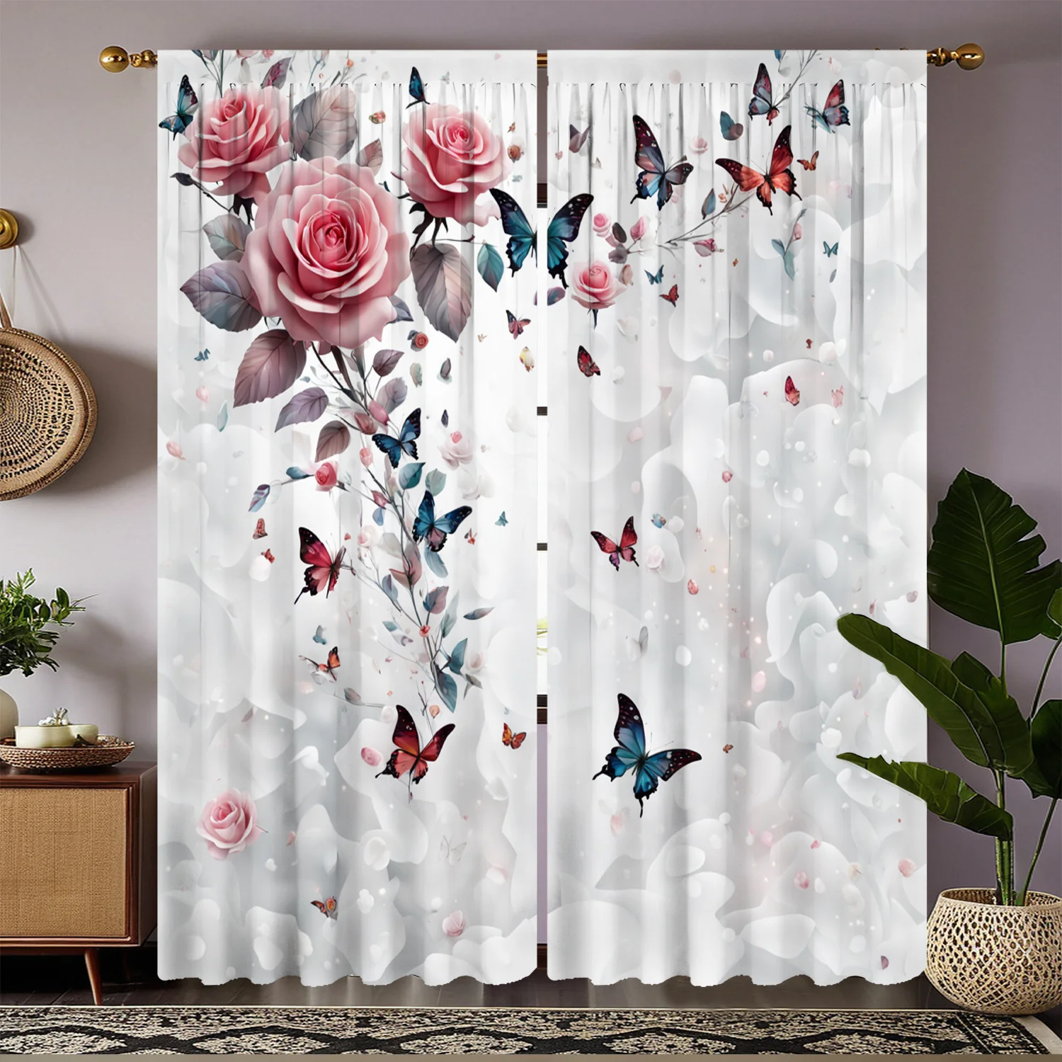 

2PC Pink & Blue Rose Butterfly Sheer Curtains – HD Digital Print, Pocket Rod Top for Living Room & Bedroom – Home Decor Set