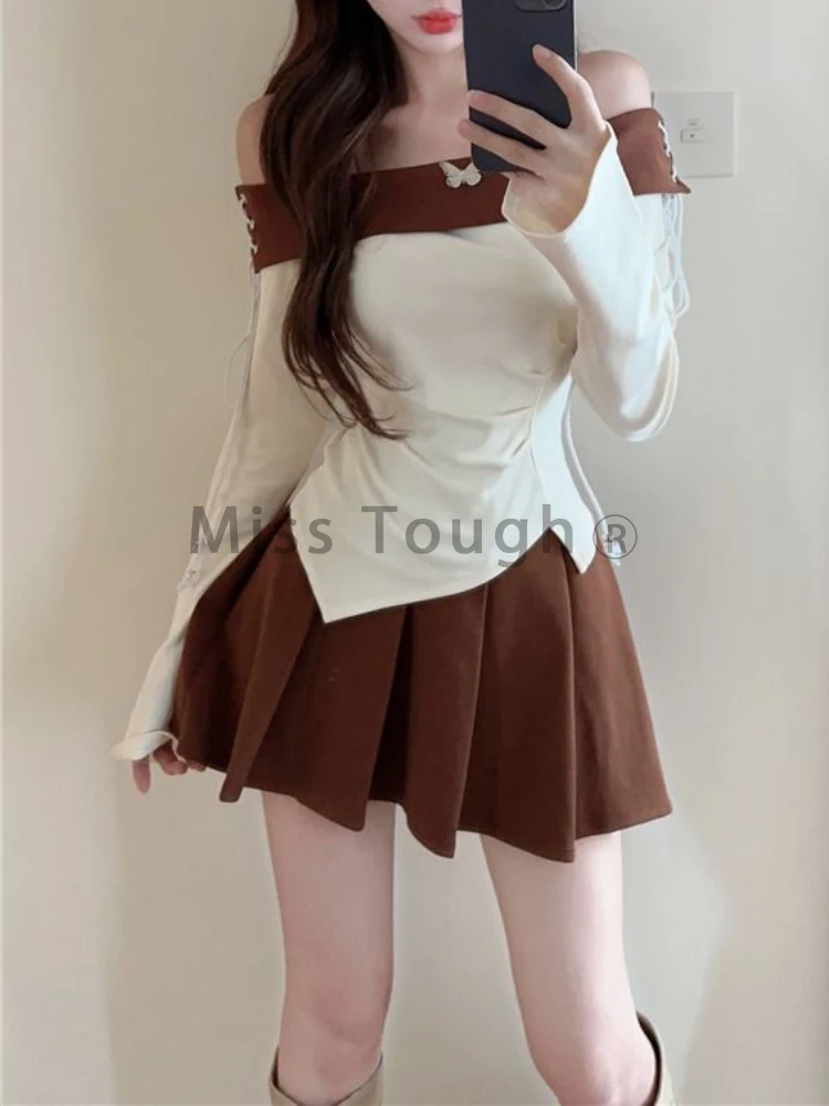 Winter Vintage Elegant Two Piece Set Woman Preppy Style Sweet Skirt Suit Female Fashion Off Shoulder Tops + Y2k Mini Skirt 2023