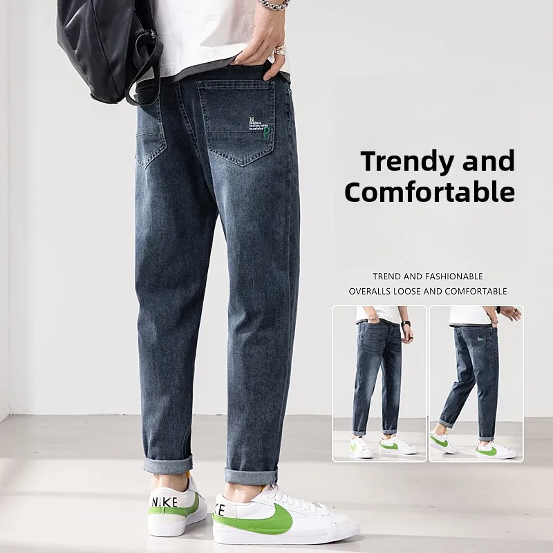 

Мужские джинсы свободного кроя, прямые, темно-синие, в стиле ретро, конусообразные, эластичные, повседневные, со средней посадкой, с эффектом потертости