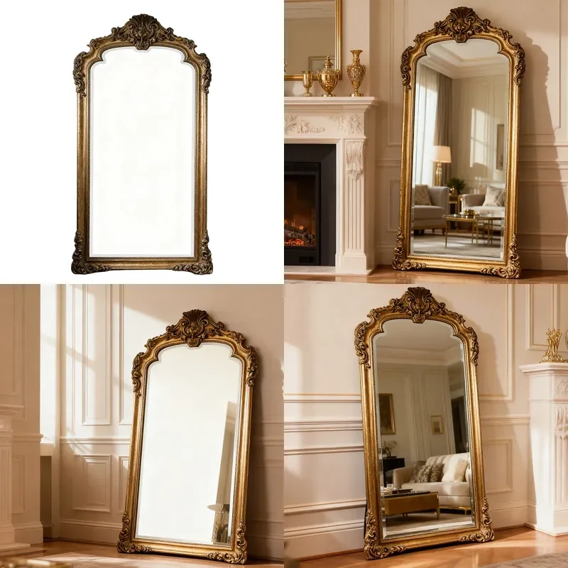 French Retro Full Length Mirror Medium Antique European Carved Floor to Ceiling Mirror for Cloakroom Clothing Store Fitting