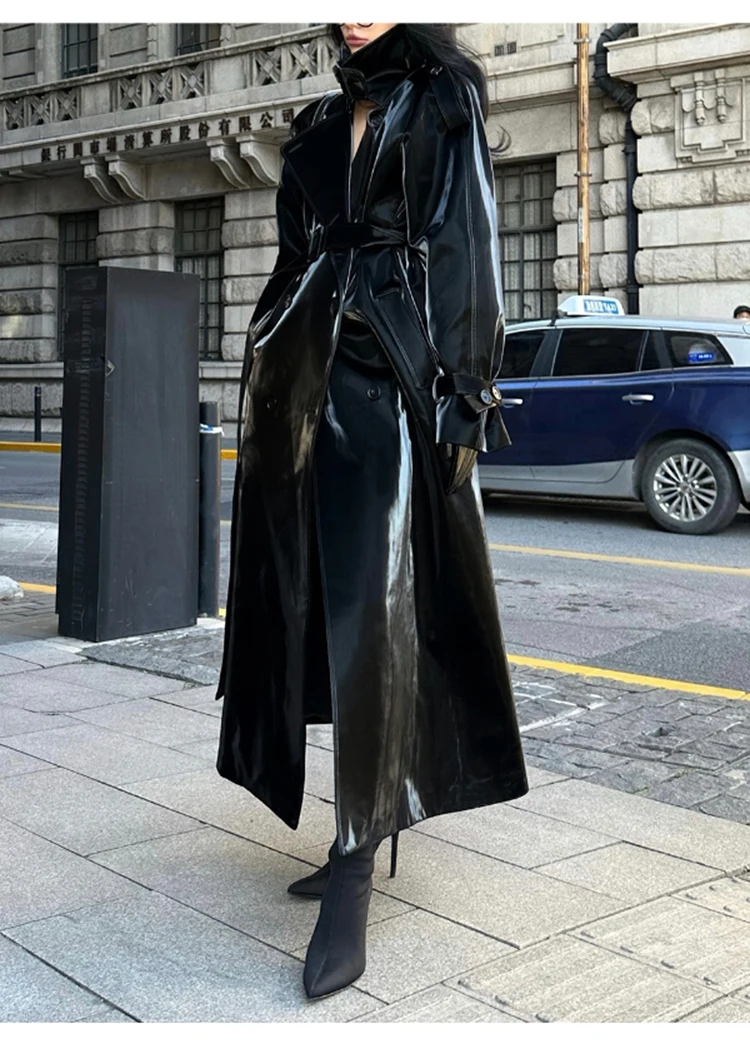 Lautaro Spring Autumn Extra Long Oversized Cool Reflective Shiny Black Patent Leather Trench Coat for Women Belt Runway Fashion