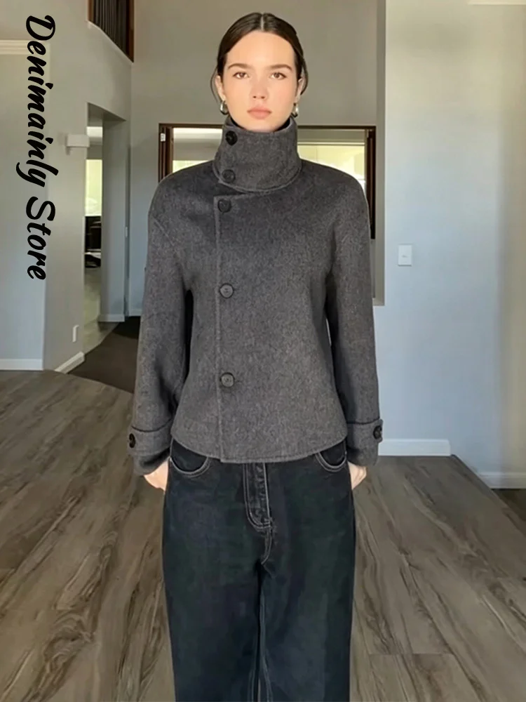 Fashion Women's Reversible Woolen Coats Loose Stand Neck Single Breasted Cropped Solid Coat 2026 Autumn Winter Lady Outwear New