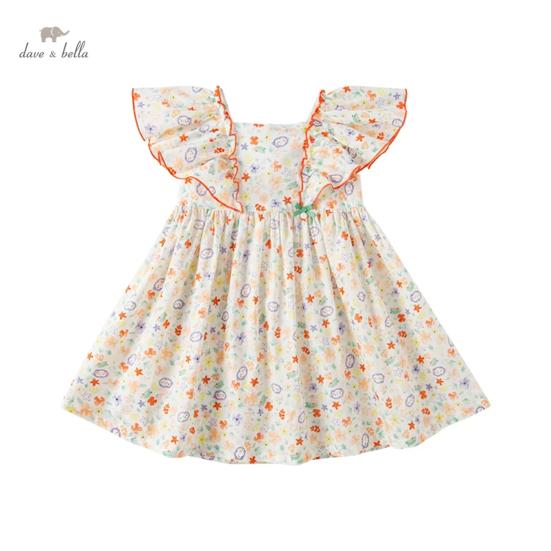 Dave Bella Girl's Yellow Small Flying Sleeve Dress Summer New Fashion Match Bow Underwater World Print DB2235165