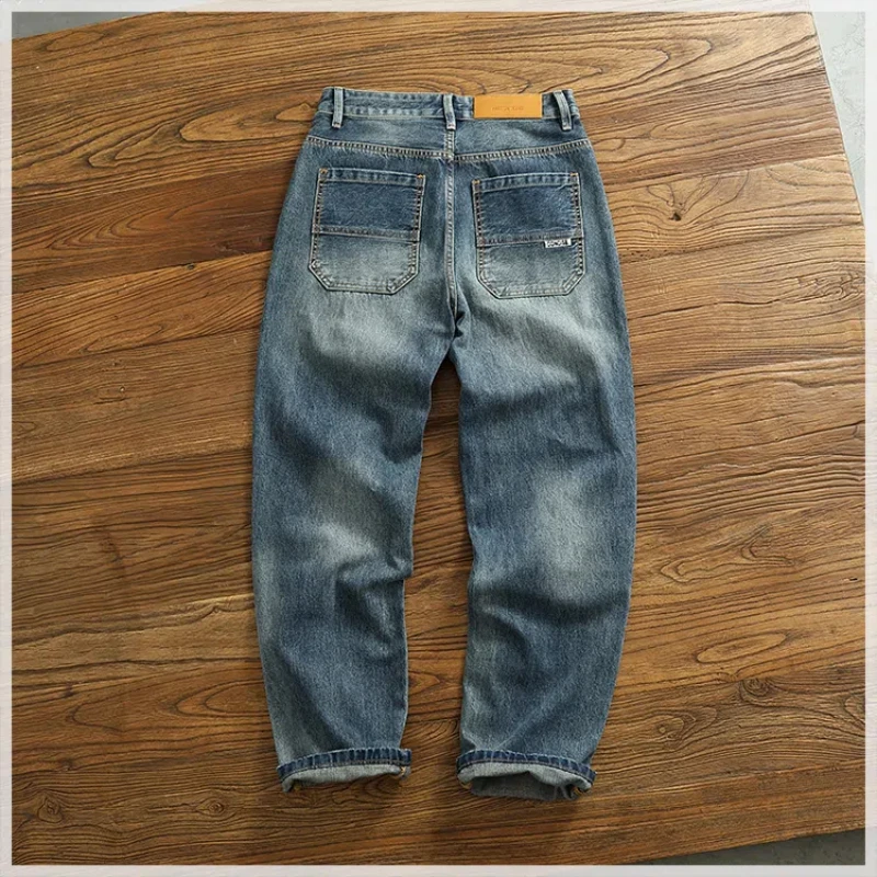 Vintage heavy jeans men heavy to do old wash cat must brush white American casual straight tube micro-cone denim pants