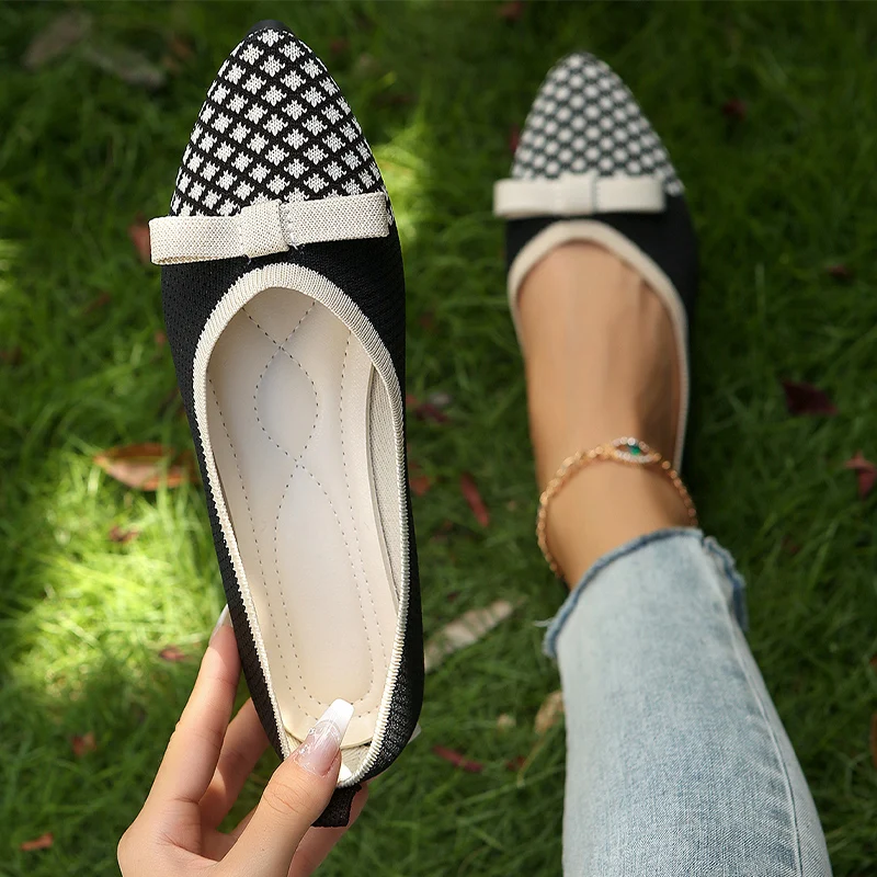 Women Knitting Flats Shoes Pointed Toe Fashion Weave Shoes New Bow Shallow Sandals 2024 Autumn Casual Cozy Soft Walking Zapatos