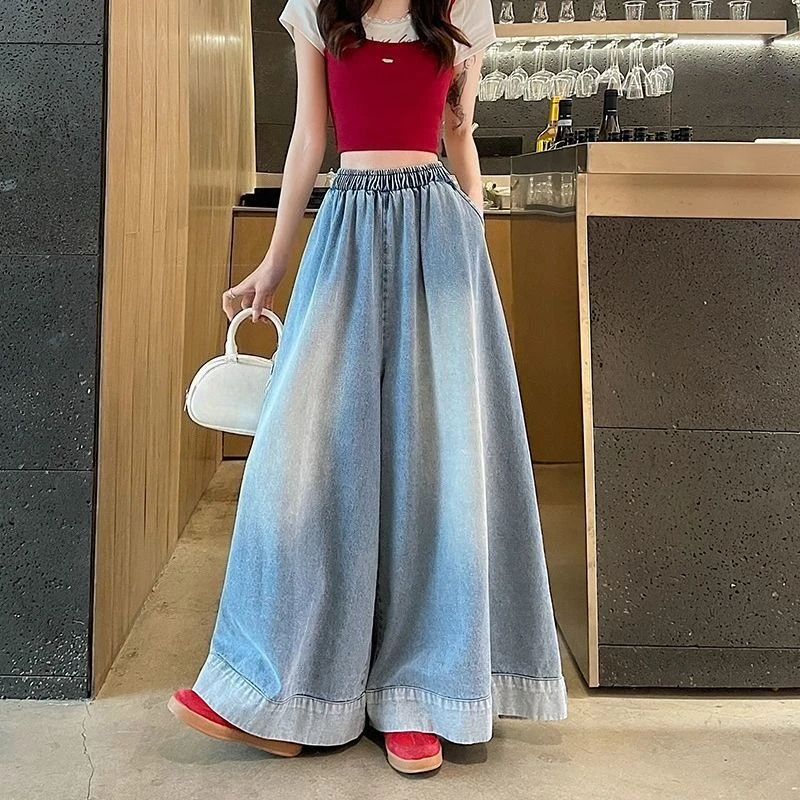 

Women's Vintage Denim Skirt Pants Summer New Elastic Waist Loose Straight Wide Leg Trousers Baggy Culottes