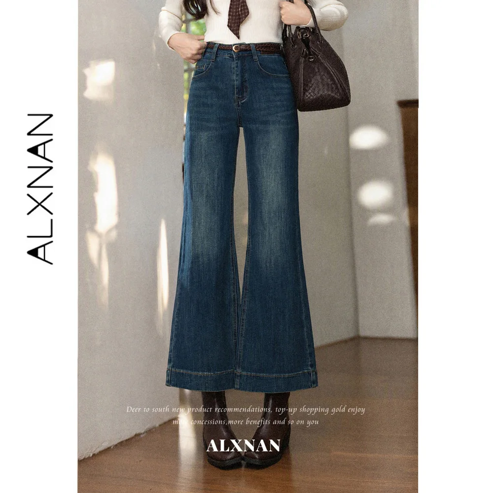 ALXNAN Blue Jeans Women 2026 Fall High Waist Flared Pocket Design Elegant Jeans Slim-fit Drape Female Denim Pants Ladies L67803