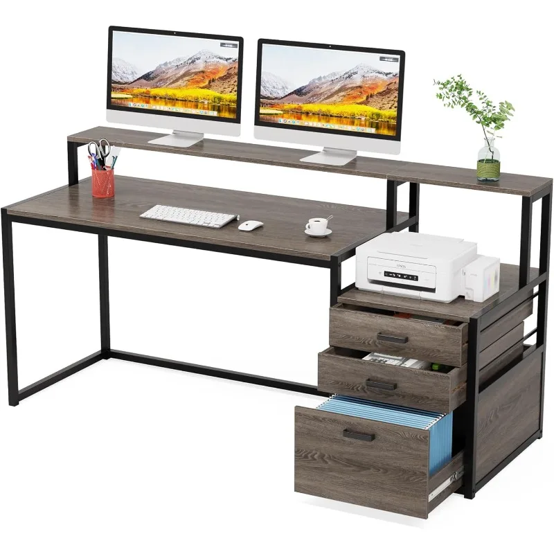 

63 Inch Computer Desk with File Drawer Cabinet, Home Office Desk with Ergonomic Monitor Stand