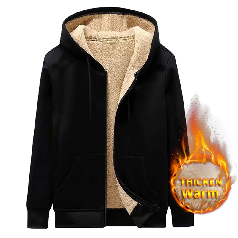 Zipper hoodie, warm hooded sports jacket, autumn and winter with loose fleece, solid color men's top, lamb wool thickened