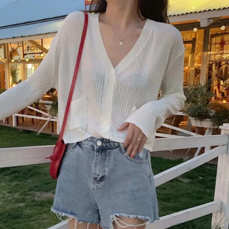 

Кардиган женский тонкий базовый студенческий с длинным рукавом Harajuku дышащий универсальный дизайн с v-образным вырезом и карманами летний популярный корейский стиль