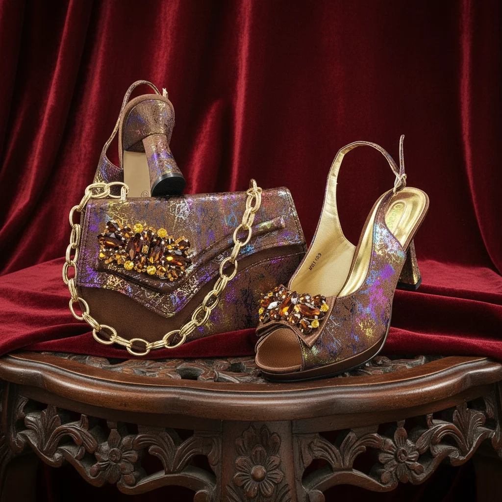 

2026 New Elegant Shiny Italian Fashion Peep Toe Bigger Size Women Heel Luxurious Rhinestone Decoration Coffee Shoes And Bag Set