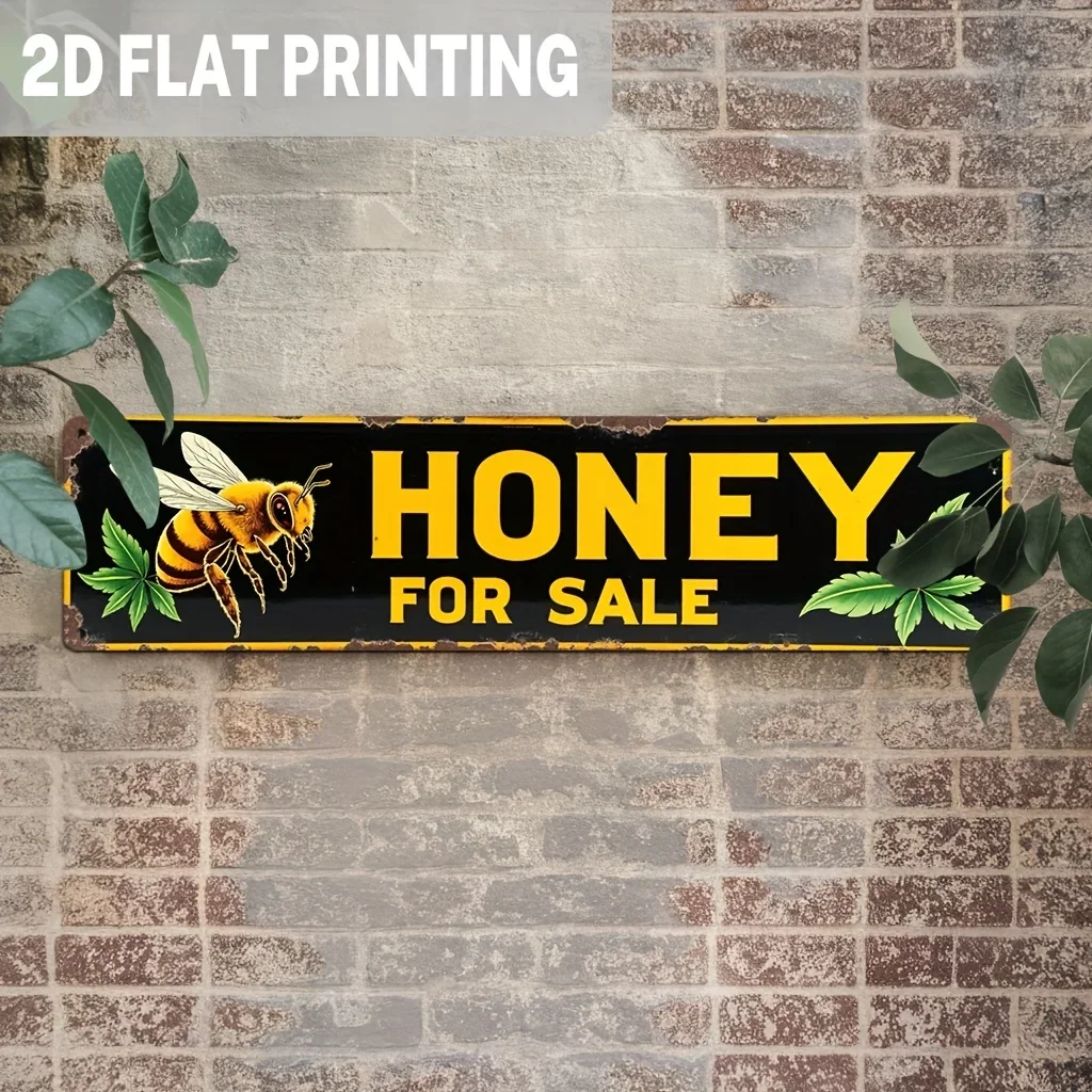 2D Flat Vintage Honey Metal Sign - Beekeeping Decorative Pattern - Rustic Style Kitchen, Porch, or Market Stall Decoration