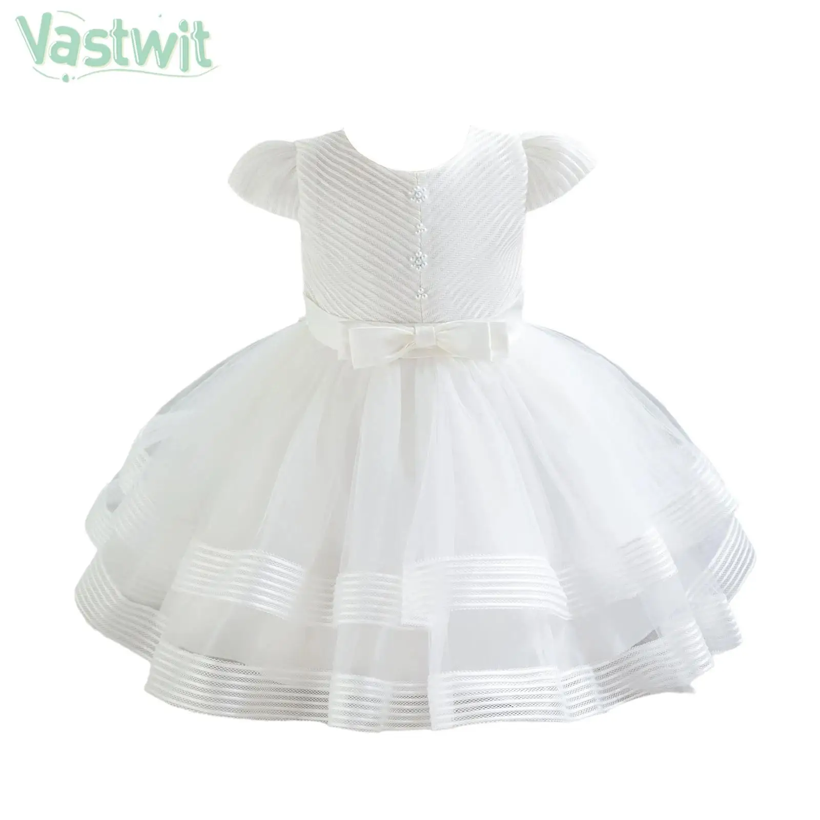 Little Girls Wedding Birthday Party Princess Dress Faux Pearls Decor Bowknot Mesh Tutu Dresses Pageant Evening Prom Ball Gown