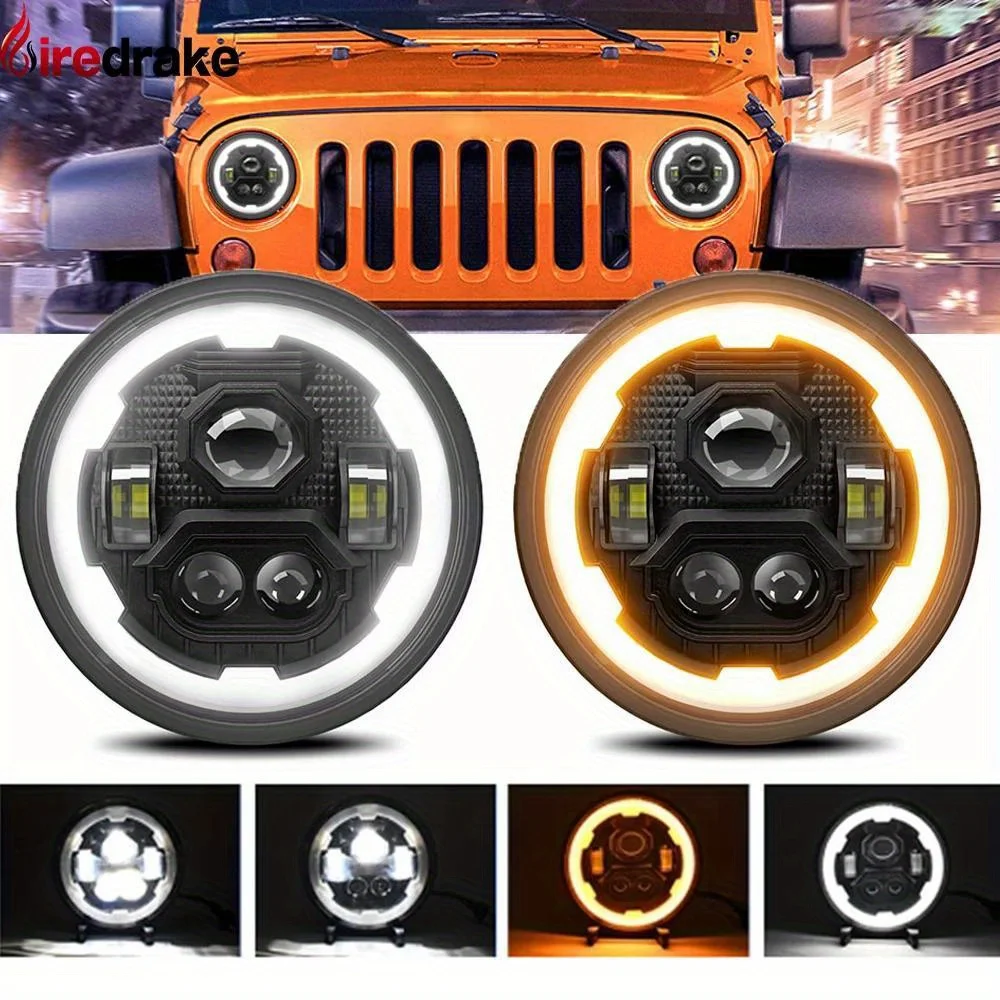 Firedrake R1 7-inch LED Angel Eye Headlight for Jeep Wrangler - H4 Off-Road, 200W, Dual Color  30000 Lumens, 24V Headlight