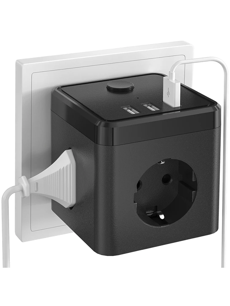 6-in-1 cube without cable with switch socket with 2 Euro Sockets 1 Schuko and 3 USB with indicator light Ground standard socket