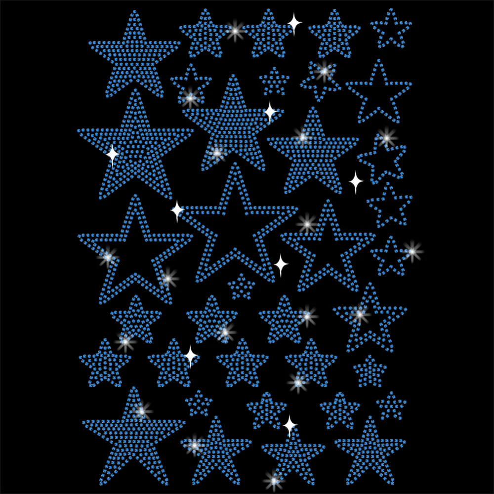 Blue Stars Rhinestonet Iron on Transfer 11.7x8.3 Inch Heat Transfer Decal Bling Crystal Patch Clear Rhinestone Template