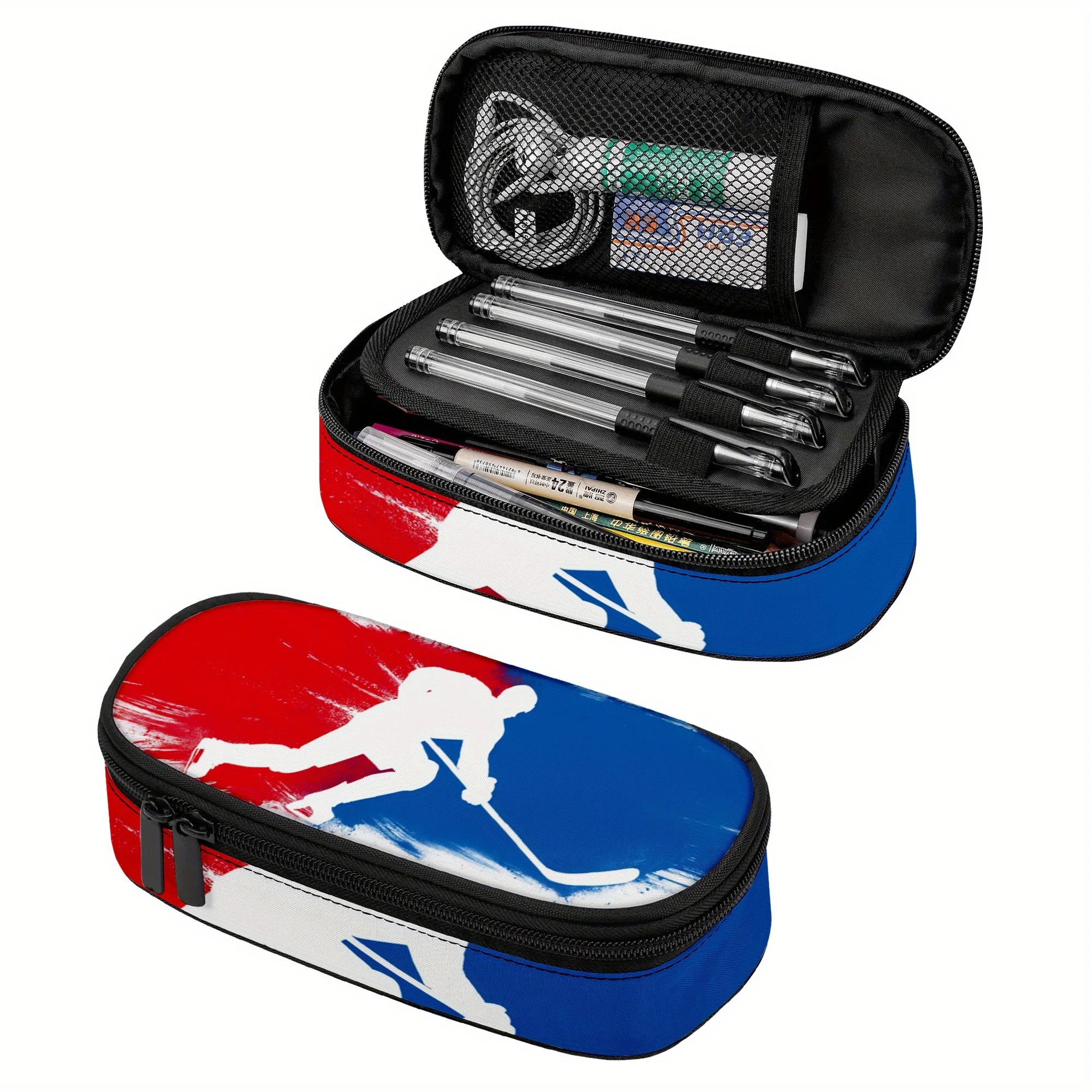 Pencil Case for Hockey Players Ice Sports Pencil Pouch Red And Blue Hockey Pencil Bag Zipper Compartment Skating Makeup Bag
