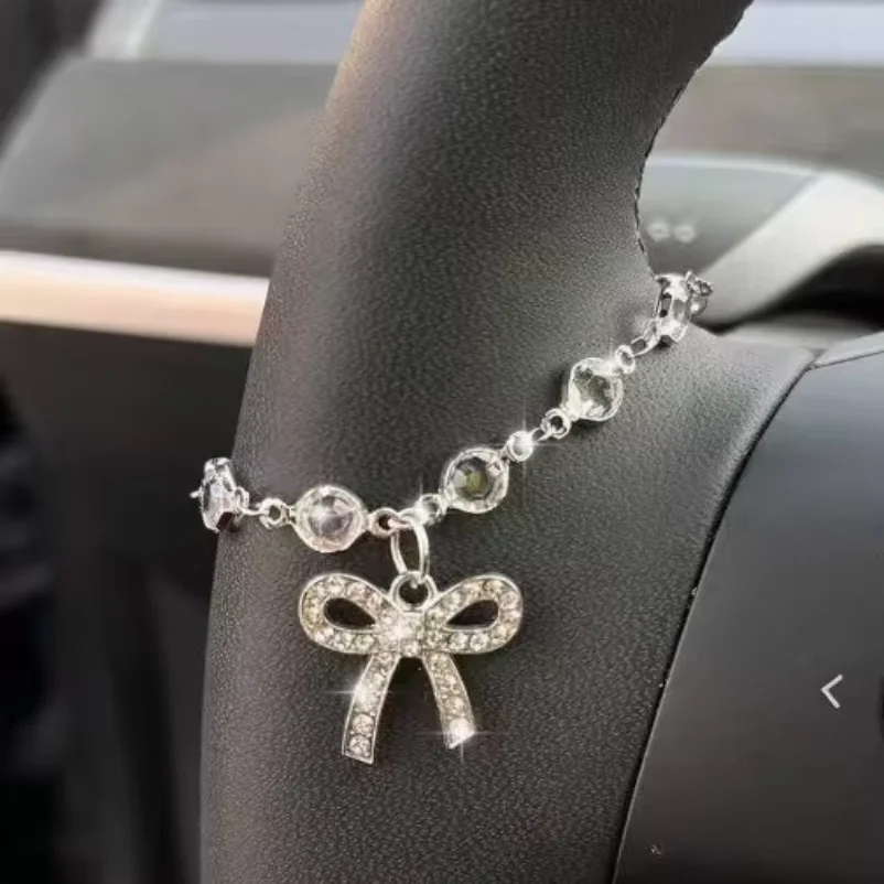 Sparkling Rhinestone Bow Chain Car Steering Wheel Decoration Exquisite Elegant Car Interior Decoration Unique Bracelet Pendant