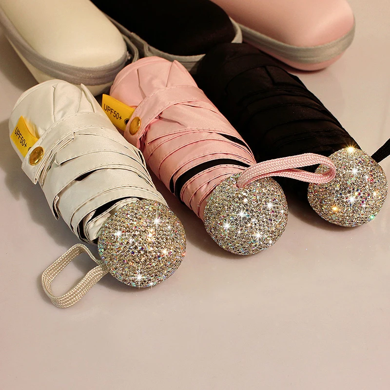 مظلة صغيرة فاخرة من حجر الراين الماسي مكونة من 5 أضعاف للنساء مقاومة للرياح وواقية من الشمس ومظلة محمولة للسفر وخفيفة الوزن