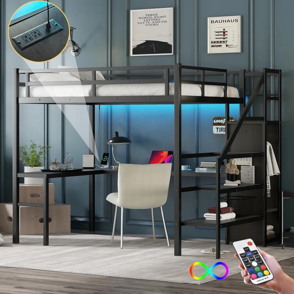 Full Size Metalen Loft Bed Met Bureau En Kledingkast Gaming Loft Bed Met Led En Usb Voor Kinderen Tieners, Lawaai Vrij, Geen Boxspring Nodig