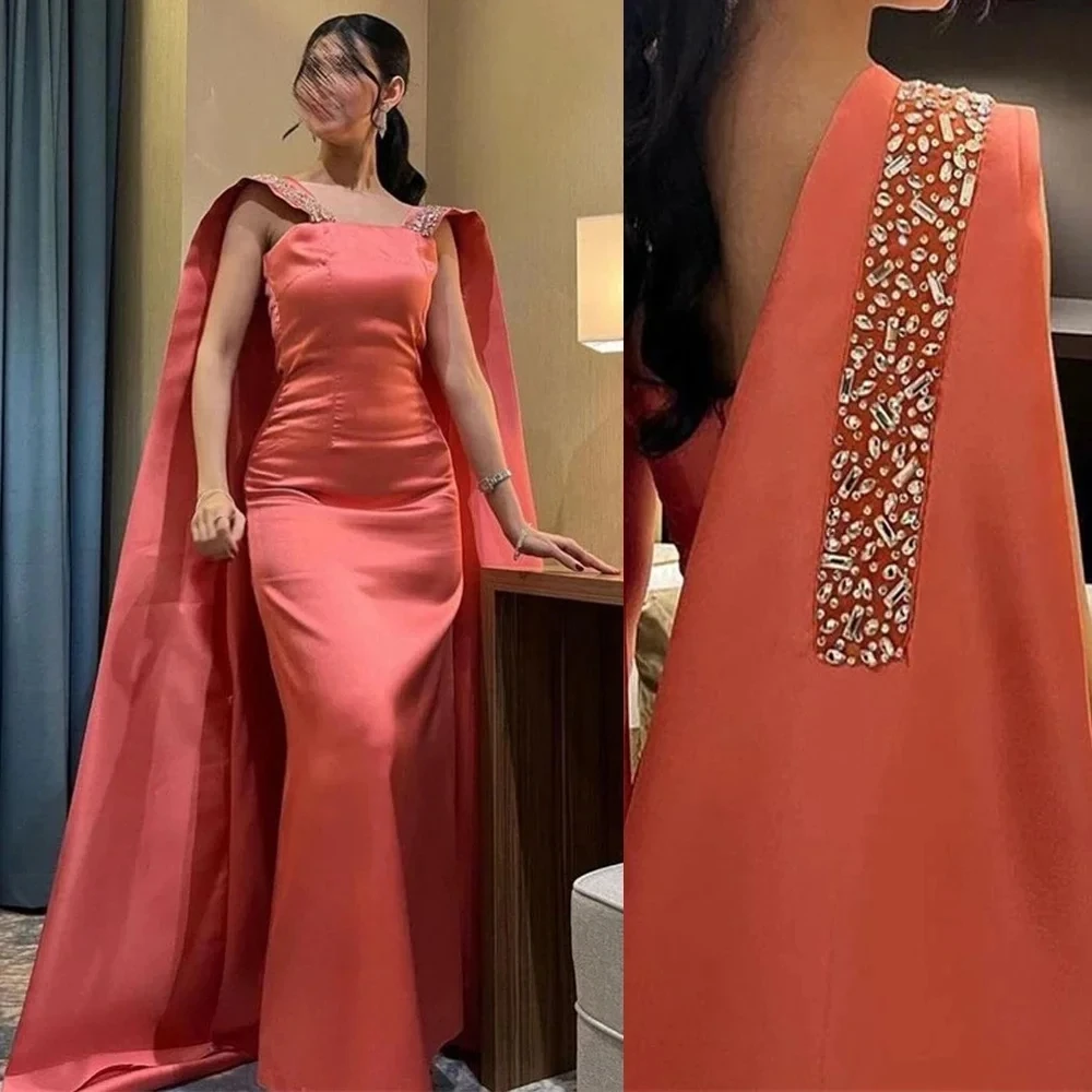 

Flora Dress Red Satin quare Collar Prom Dresses Mermaid Beaded Pageant Dress Ankle Length Dubai Arabic Formal Evening Gowns