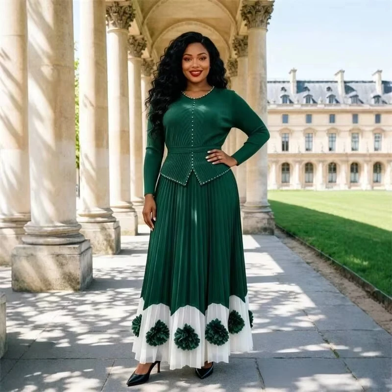 ANLAN Elegant Women's Miyaki Pleated Long Dress Long Sleeve Belted Maxi Dresses With 3D Floral Bead Hem African Outfit 7R5619