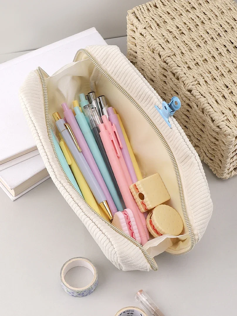 Kawaii School Supplies Pencil Pouch Corduroy Pencil Case Large Capacity Cases Stationery Solid Color Pencil Bag