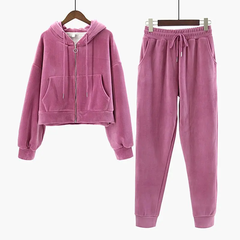 2 Piece Pants Sets Women Winter Hoodie Velvet Tracksuit Outfits Sweatpants and Zipper Long Sleeve Sweatshirts Oversized Clothes