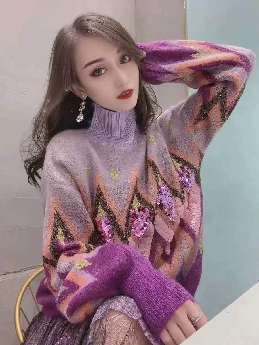 TEELYNN Purple Sequin Embroidery Lazy Sweaters Women Vintage Long Sleeve Turtleneck Autumn Winter Knitted Pullover Warm Jumper