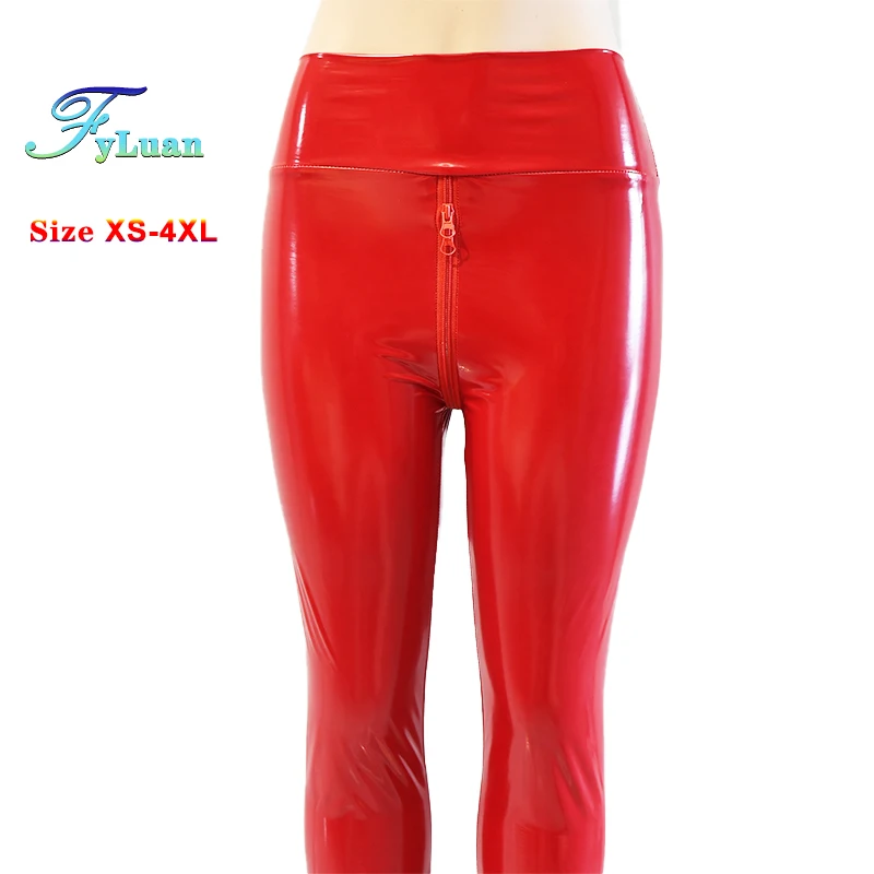 Sexy High Waist Pants New Women's Red Leather Leggings Double Zipper Open Crotch Pants Exotic  Nightclub Ankle-Length Trousers