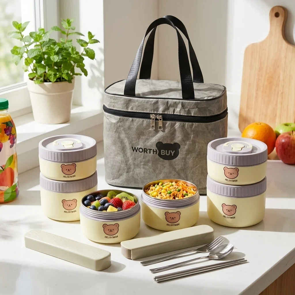 304 Stainless Steel Thermal Lunch Box Kids Students Insulated Bento Box Cute Leakproof Food Storage Containers Microwave Safe