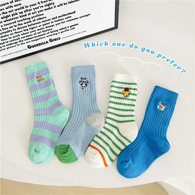 2024 Socks Children Socks Newest Fashion Striped Cartoon Letter Pattern Socks Kids Boys Girls Spring Socks 4 Pairs