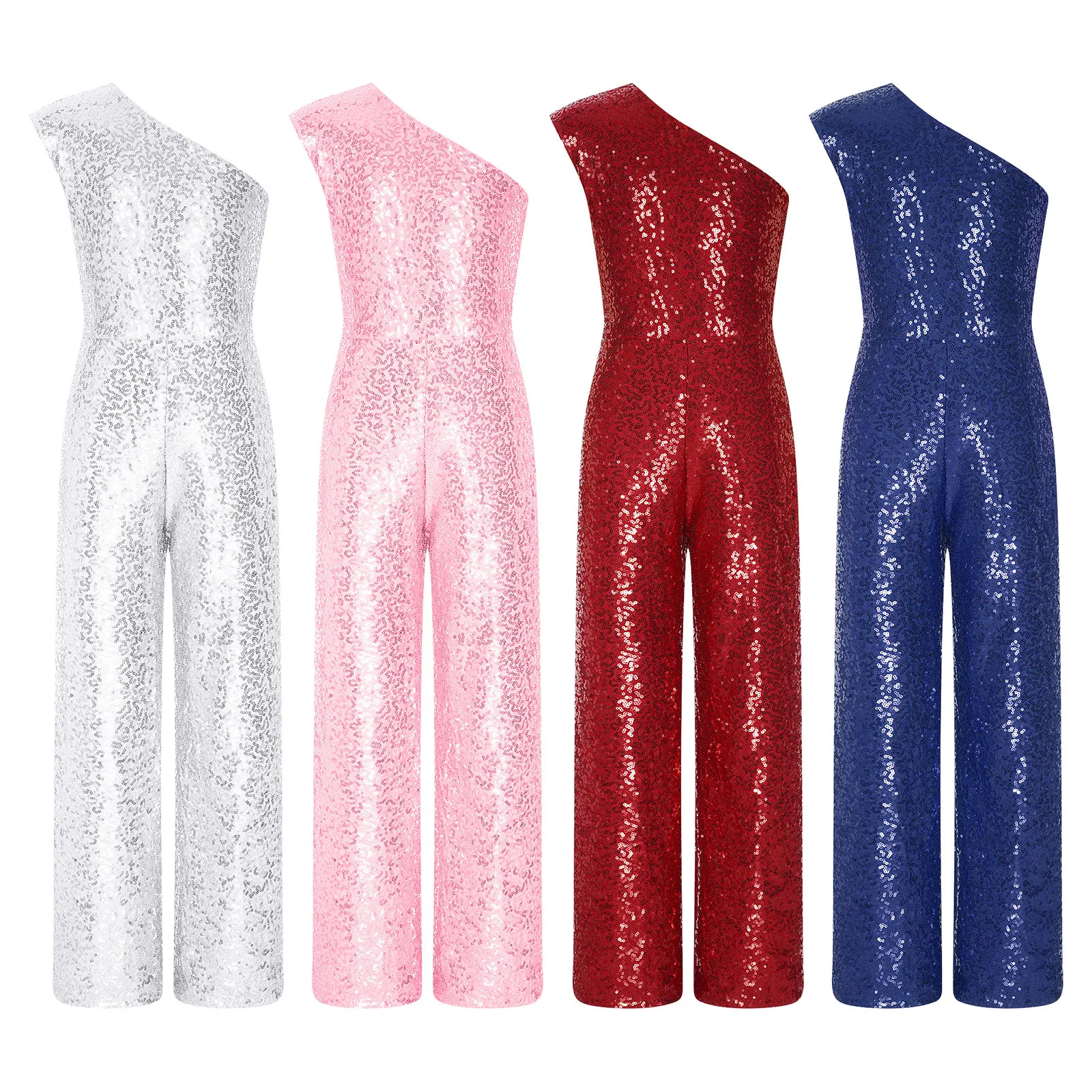 Kids Girls Sequin One Shoulder Dance Rompers Sleeveless High Waist Straight Pants One-Piece Jumpsuit for Cocktails Evenings