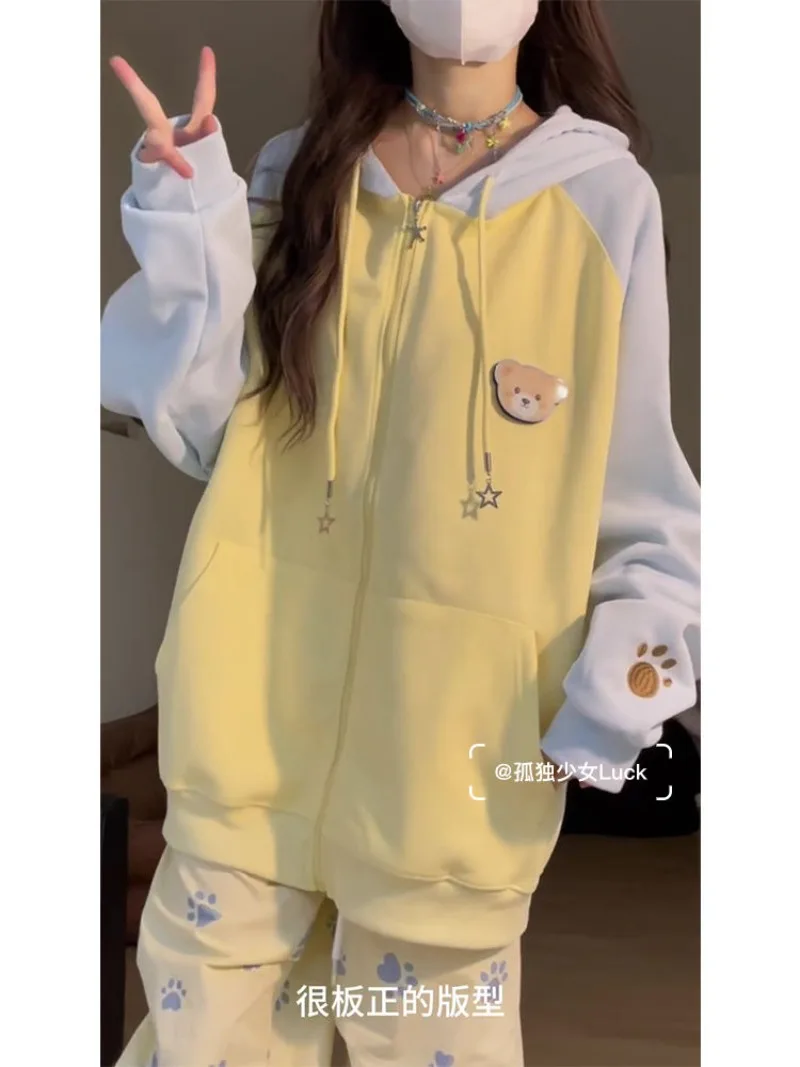 

Kawaii Japanese Sweet Raglan Sleeve Y2k Sudadera Mujer Preppy Style Hooded Cartoon Bear Women Sweatshirts Korean Patchwork